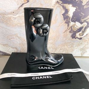 Chanel Camellia Black Rain Rubber Boots